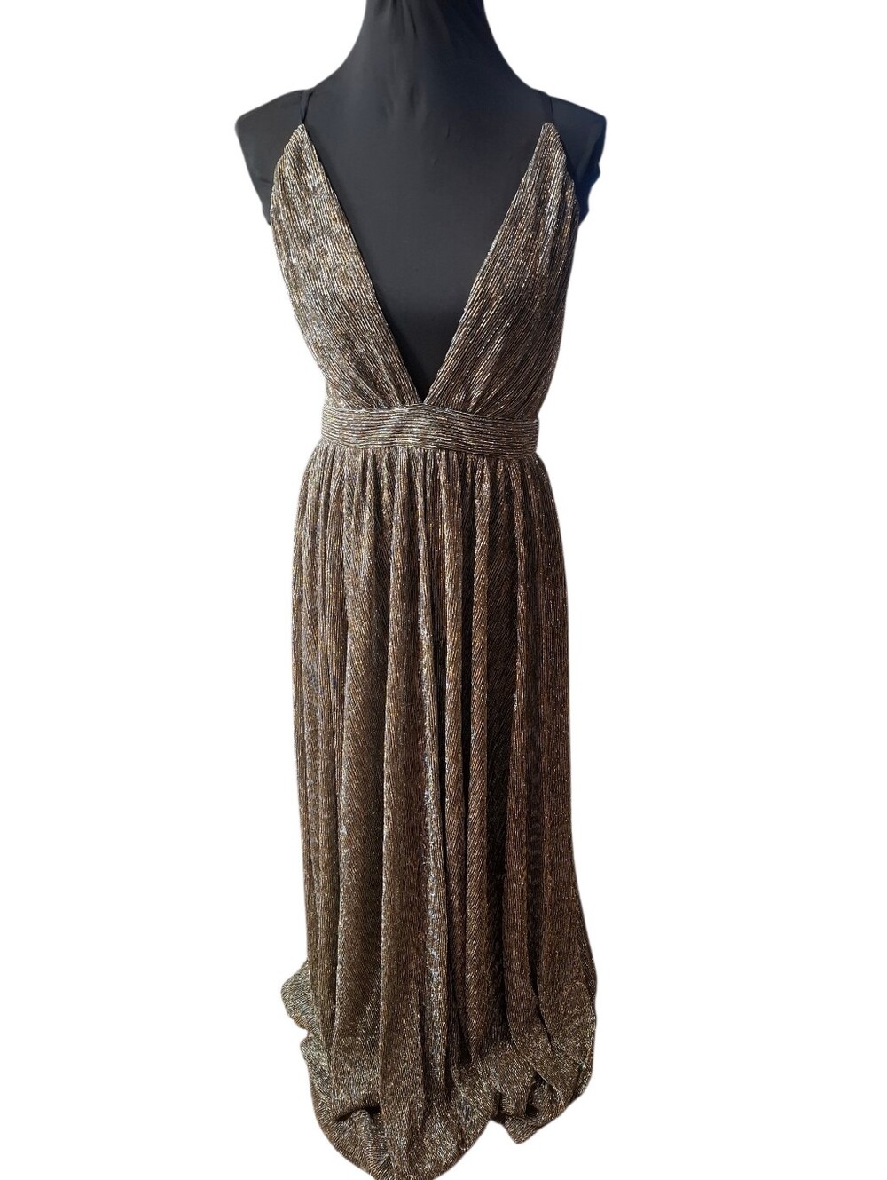 Luxxel  Metallic V-Neck Criss Cross Open Back Maxi Dress Size Medium